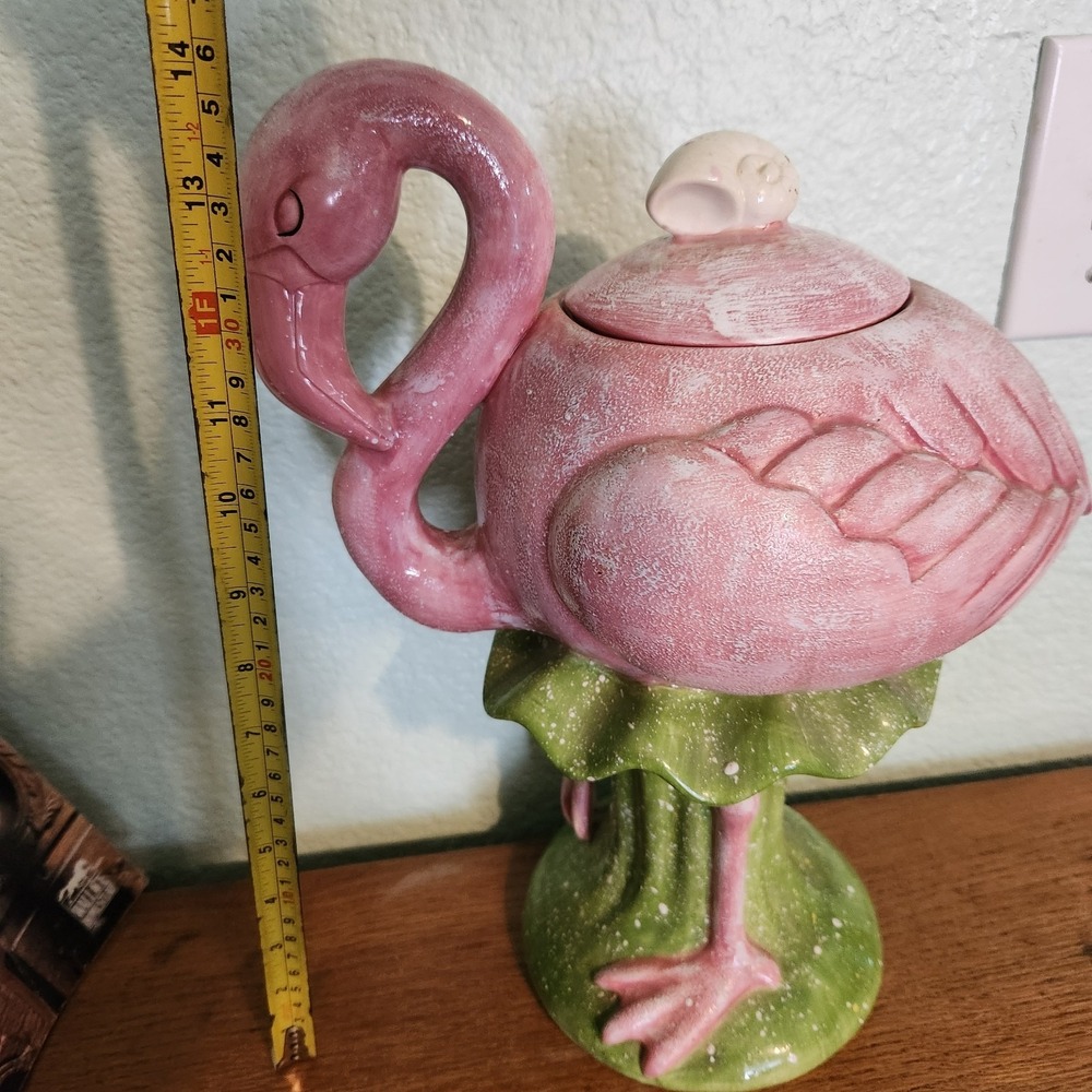 Department 56  Pink Flamingo Cookie Jar 14" Ceramic RARE FIND Tropical